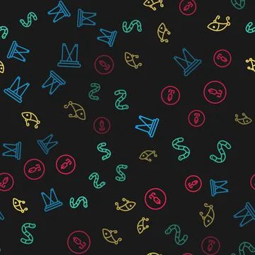 Set line Folding chair, Worm, Fishing lure and hook on seamless pattern. Vector 스톡 일러스트