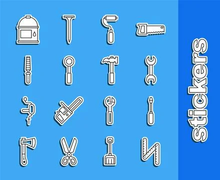 Set line Folding ruler, Screwdriver, Wrench spanner, Paint roller brush, Ch.. Stock Illustration