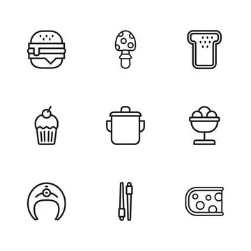 Set line Food chopsticks, Ice cream in the bowl, Cheese, Cooking pot, Bread.. Stock Illustration