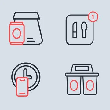 Set line Food ordering, Round the clock delivery, Coffee cup to go and Onli.. Stock Illustration