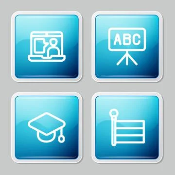 Set line Foreign language online study, Chalkboard, Graduation cap and Flag icon Stock Illustration