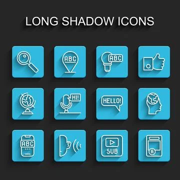 Set line Foreign language online study, Magnifying glass, Video with subtitles Stock Illustration