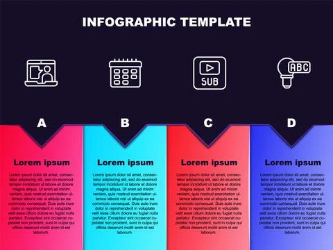Set line Foreign language online study, School timetable, Video with subtitles Stock Illustration