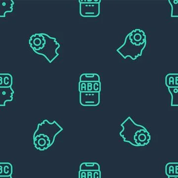 Set line Foreign language online study, Head with gear inside and Learning .. Stock Illustration