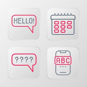 Set line Foreign language online study, Speech bubbles with Question, Schoo.. Illustrazione stock