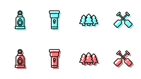Set line Forest, Camping lantern, Flashlight and Paddle icon. Vector Stock Illustration