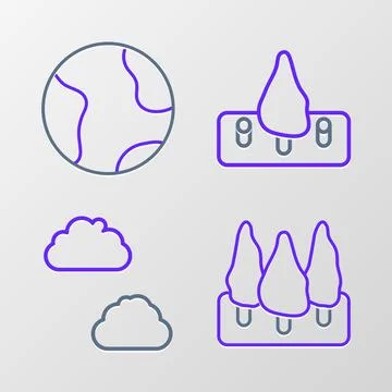 Set line Forest, Cloud, Deforestation and Earth globe icon. Vector Stock Illustration