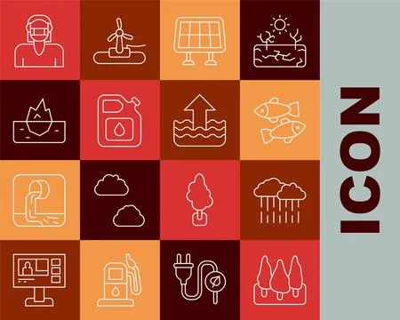 Set line Forest, Cloud with rain, Dead fish, Solar energy panel, Canister f.. Stock Illustration