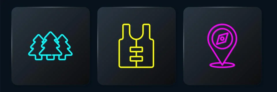 Set line Forest, Compass and Life jacket. Black square button. Vector Stock Illustration
