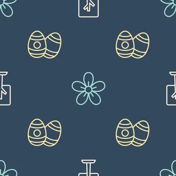Set line Forest, Easter egg and Flower on seamless pattern. Vector 스톡 일러스트