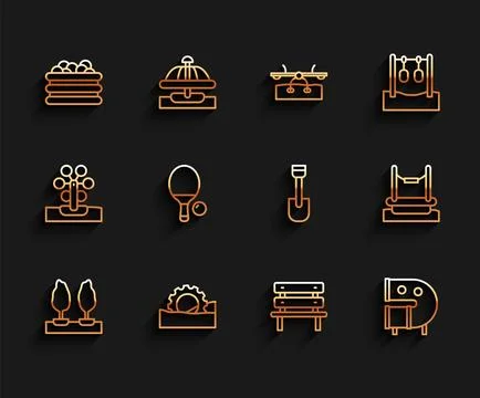 Set line Forest, Ferris wheel, Pool with balls, Bench, Kid playground slide pipe Illustrazione stock