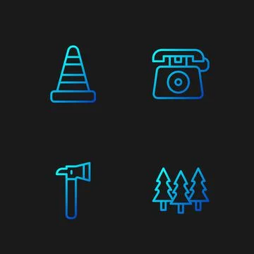 Set line Forest, Firefighter axe, Traffic cone and Telephone call 911. Gradient Illustration