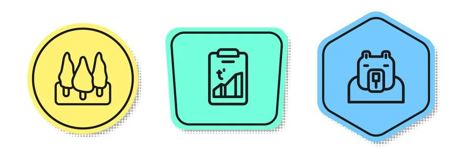 Set line Forest, Global warming and Polar bear head. Colored shapes. Vector Stock Illustration