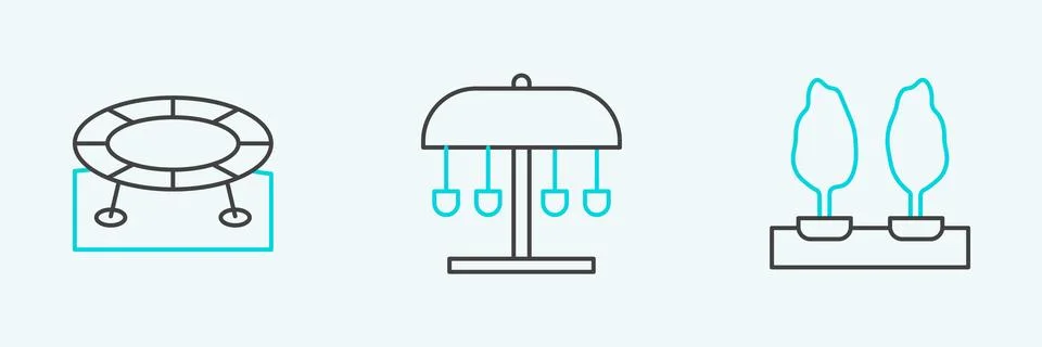 Set line Forest, Jumping trampoline and Attraction carousel icon. Vector Stock Illustration