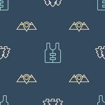 Set line Forest, Location mountains and Life jacket on seamless pattern. Vector Stock Illustration