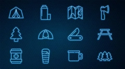 Set line Forest, Picnic table with benches, Location of the forest on map Stock Illustration