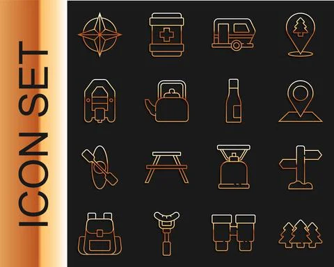 Set line Forest, Road traffic signpost, Location, Rv Camping trailer, Kettle Illustration
