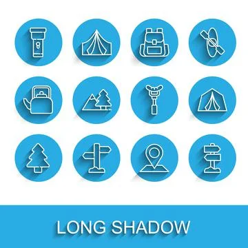 Set line Forest, Road traffic signpost, Flashlight, Location, Mountains with Illustration