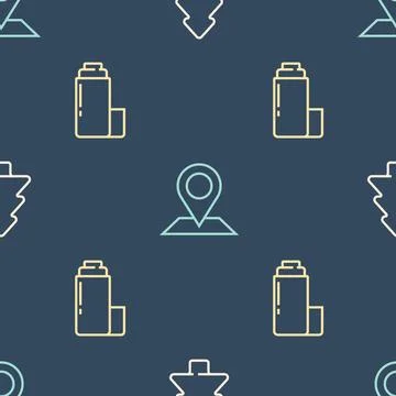 Set line Forest, Thermos container and Location on seamless pattern. Vector Illustrazione stock