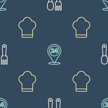 Set line Fork and spoon, Chef hat and Round the clock delivery on seamless Stock Illustration
