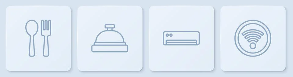 Set line Fork and spoon, Air conditioner, Hotel service bell and Wi-Fi wireless 스톡 일러스트