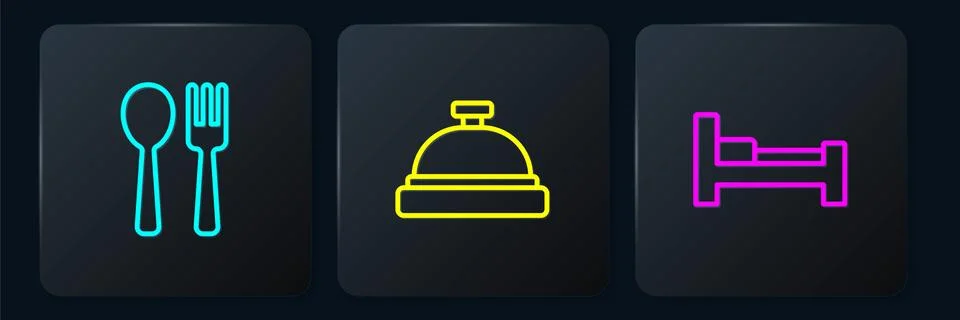 Set line Fork and spoon, Hotel room bed and service bell. Black square button Stock Illustration
