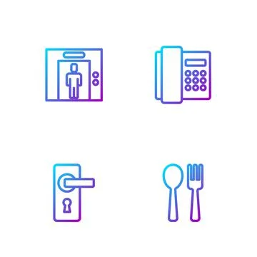 Set line Fork and spoon, Door handle, Lift and Telephone handset. Gradient color Illustration