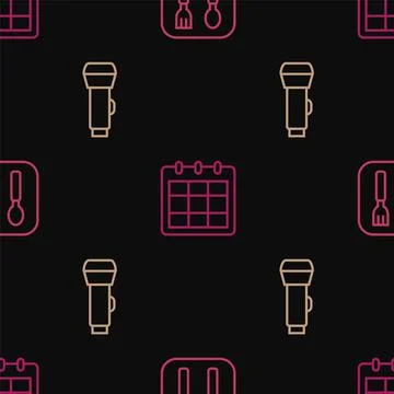 Set line Fork and spoon, Flashlight and Calendar on seamless pattern. Vector 스톡 일러스트
