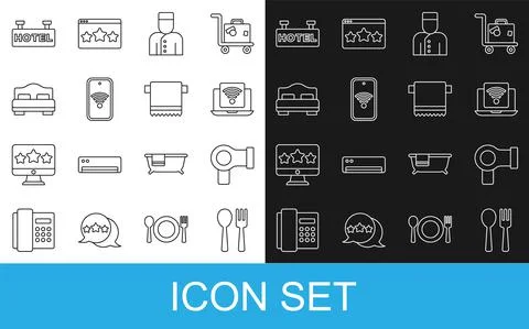 Set line Fork and spoon, Hair dryer, Wireless laptop, Concierge, Mobile with wi Stock Illustration