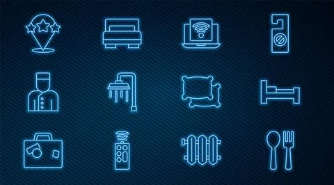 Set line Fork and spoon, Hotel room bed, Wireless laptop, Shower, Concierge Stock Illustration