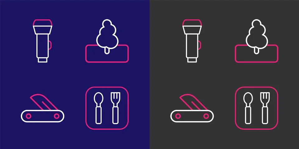 Set line Fork and spoon, Swiss army knife, Tree and Flashlight icon. Vector Stock Illustration