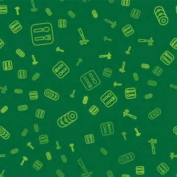Set line Fork and spoon, Blanket roll and Hammer on seamless pattern. Vector Stock Illustration