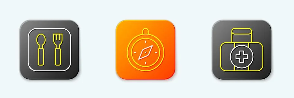 Set line Fork and spoon, Compass and First aid kit icon. Vector Stockillustratie