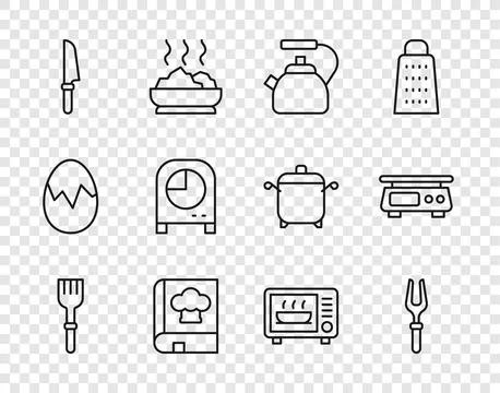 Set line Fork, Barbecue fork, Kettle with handle, Cookbook, Knife, Kitchen timer Illustration