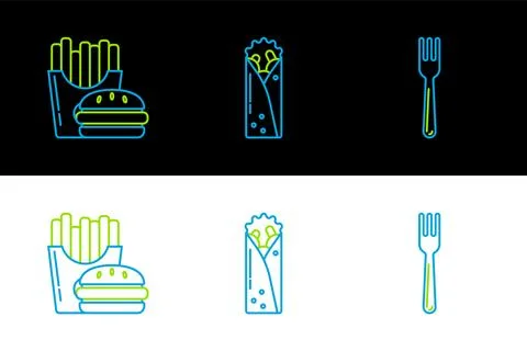 Set line Fork, Burger and french fries in carton package box and Doner keba.. イラスト素材