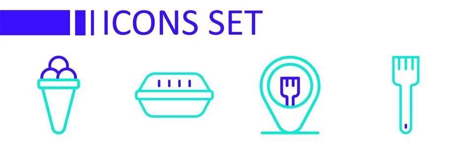 Set line Fork, Cafe and restaurant location, Lunch box and Ice cream in waf.. Stock Illustration