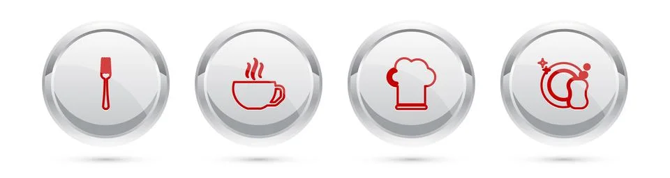 Set line Fork, Coffee cup, Chef hat and Washing dishes. Silver circle button Stock Illustration