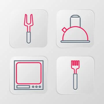 Set line Fork, Electronic scales, Kettle with handle and Barbecue fork icon Illustration