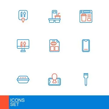 Set line Fork, Food ordering on mobile, Lunch box, Online food, Restaurant .. Stock Illustration