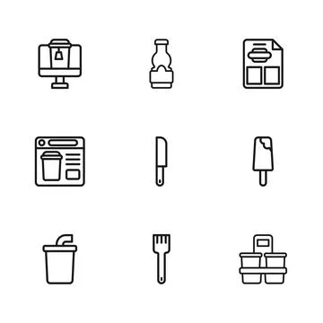 Set line Fork, Ice cream, Coffee cup to go, Knife, Restaurant cafe menu, On.. Stock Illustration