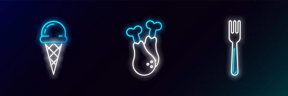 Set line Fork, Ice cream in waffle cone and Chicken leg icon. Glowing neon... イラスト素材