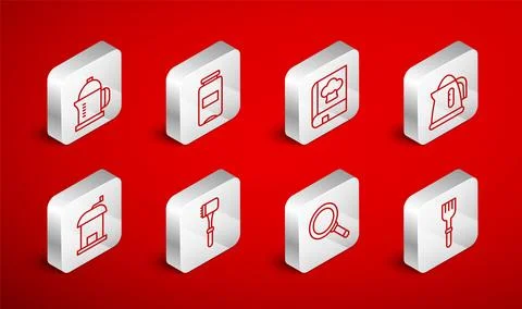 Set line Fork, Jam jar, Cookbook, Electric kettle, Frying pan, French press Illustrazione stock