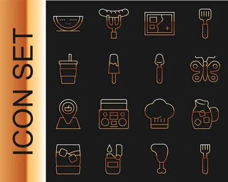 Set line Fork, Jug glass with water, Butterfly, Folded map, Ice cream, Pape.. Stock Illustration