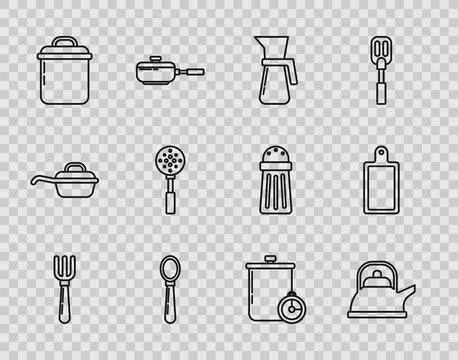 Set line Fork, Kettle with handle, Measuring cup, Spoon, Cooking pot, Spatula Illustration