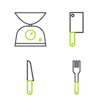 Set line Fork, Knife, Meat chopper and Scales icon. Vector Stock Illustration