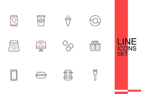 Set line Fork, Lunch box, Food ordering on mobile, Coffee cup to go, Cookie.. Stock Illustration