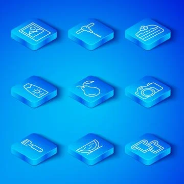 Set line Fork, Pear, Watermelon, Photo camera, Piece of cake, Sunscreen cream in Stock Illustration