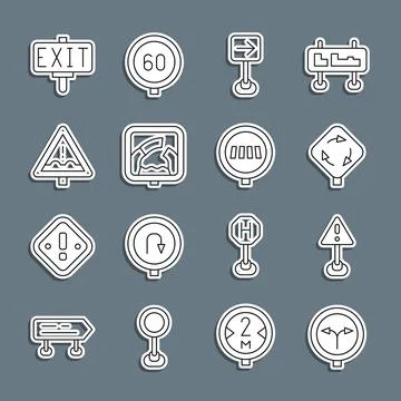 Set line Fork in the road, Exclamation mark triangle, Roundabout traffic sign Illustrazione stock