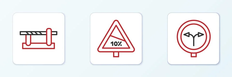 Set line Fork in the road, Parking car barrier and Steep ascent and descent.. Stock Illustration