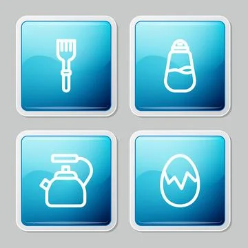 Set line Fork, Salt, Kettle with handle and Broken egg icon. Vector Illustration